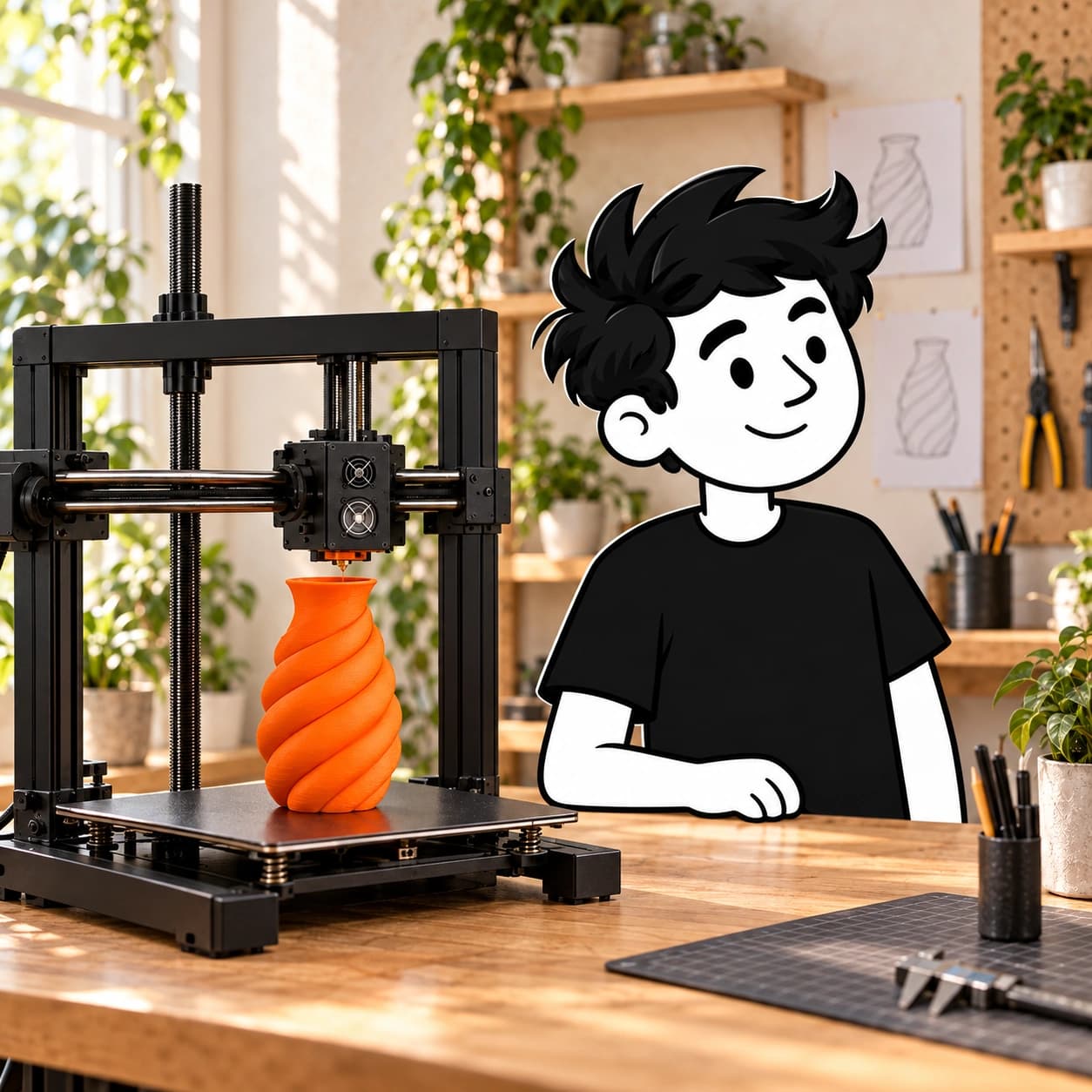 Illustration de Fred auprès du vase en cours de fabrication.