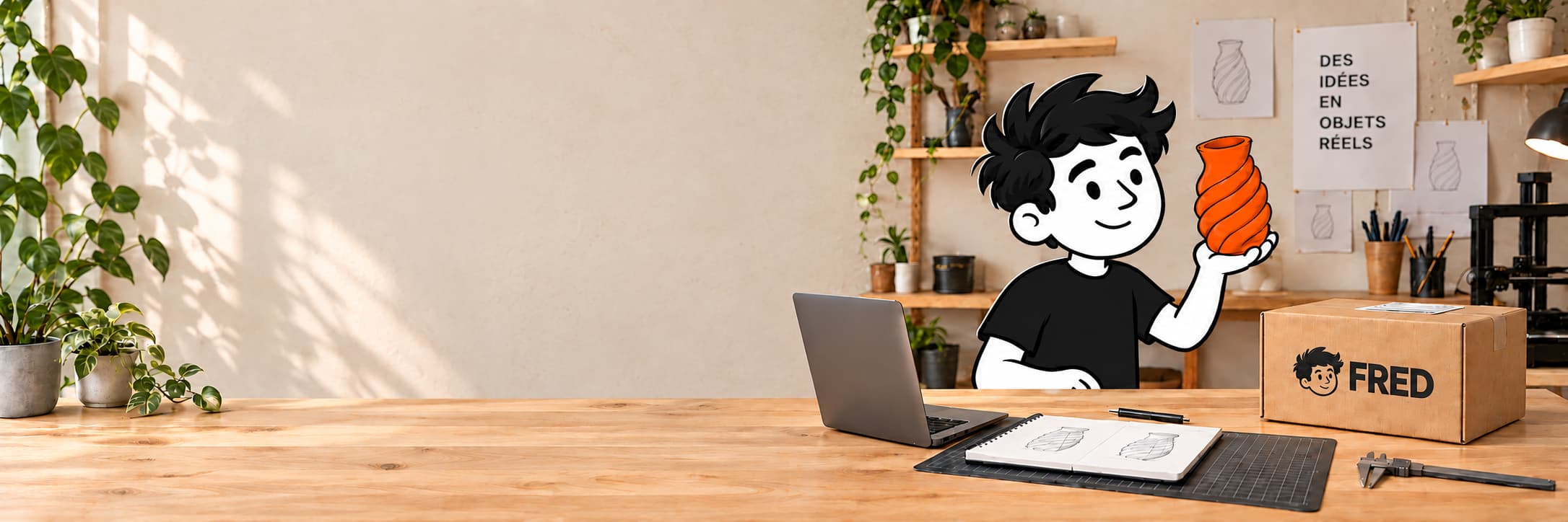 Illustration de Fred dans son atelier, avec son vase orange et un colis portant le logo FRED.