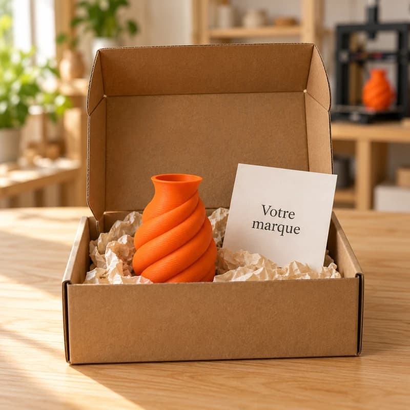 Illustration du vase protégé dans un colis avec la marque du vendeur.